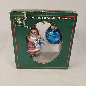 Christmas House Handpainted Blown Glass Ornaments, Santa And Round Ornament